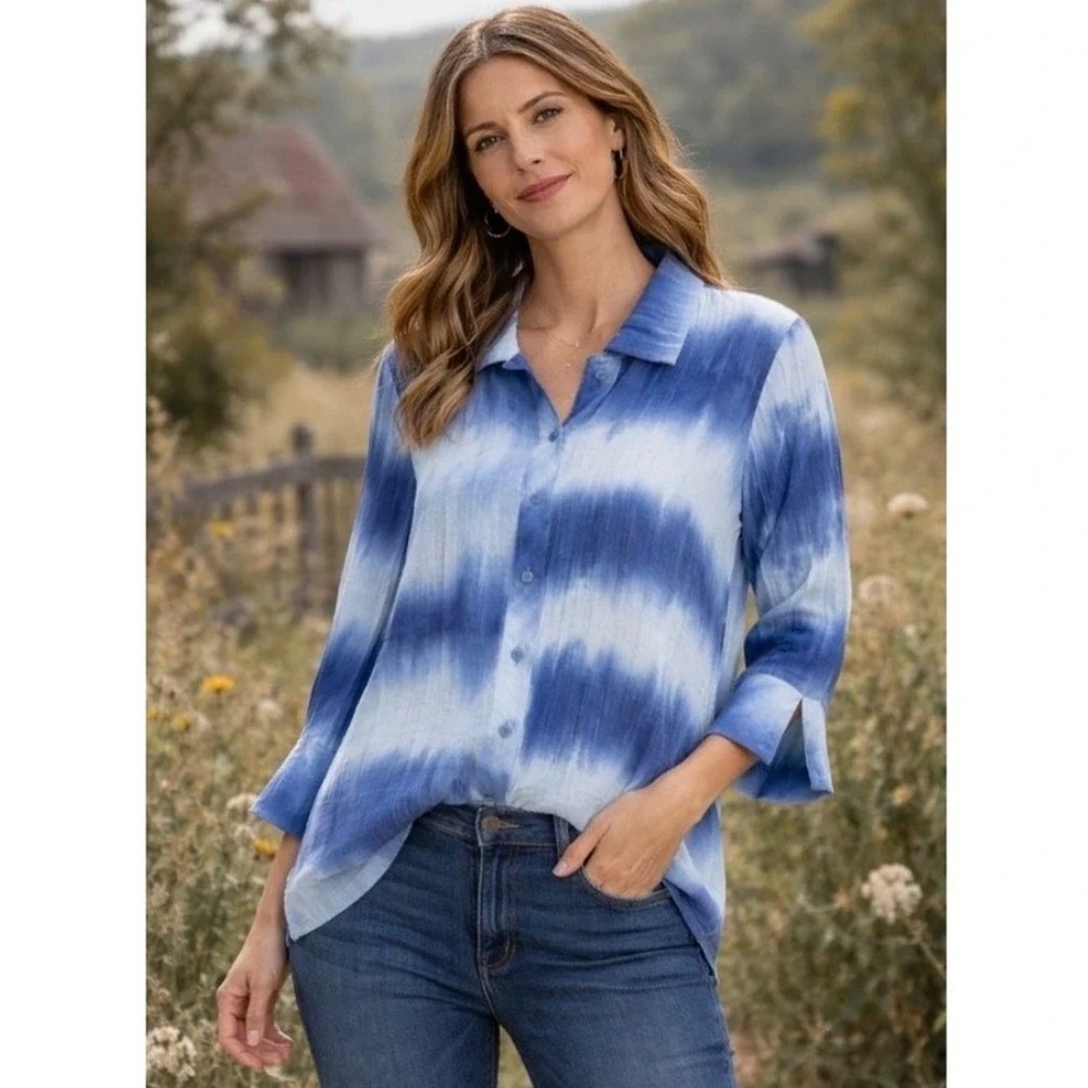 Ali Miles Blue White Tie Dye Crinkle Button Down Tunic‎ Whimsical Buttons SZ 2X